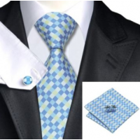 3delige set stropdas pochet manchetknopen tinten blauw geel en wit Ruitje